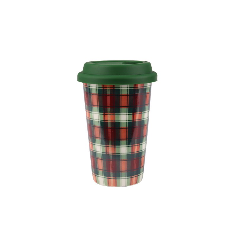 370ml Christmas Themed Ceramic Travel Mugs Set - 4-Piece Festive Drinkware with Wreath, Plaid Design