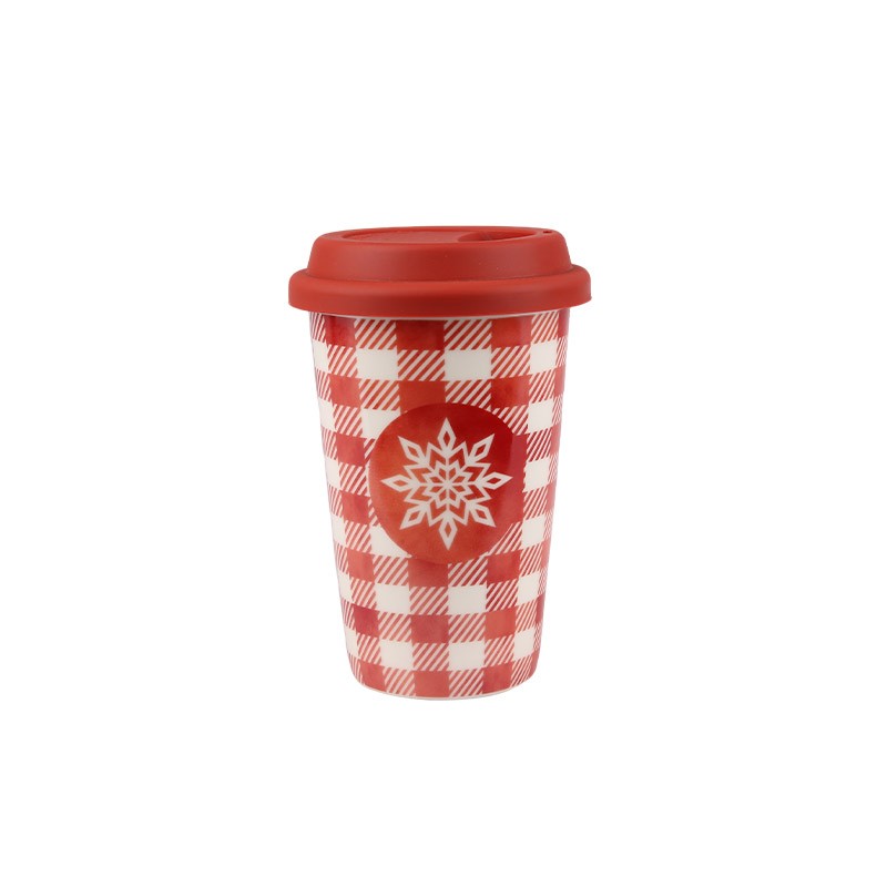 370ml Christmas Themed Ceramic Travel Mugs Set - 4-Piece Festive Drinkware with Wreath, Plaid Design