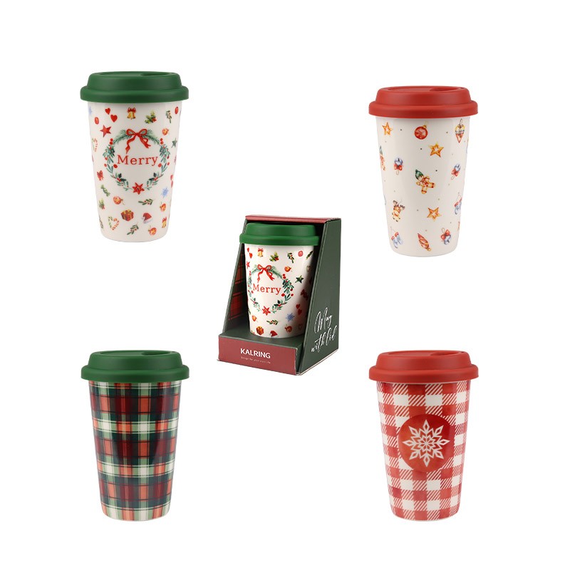 370ml Christmas Themed Ceramic Travel Mugs Set - 4-Piece Festive Drinkware with Wreath, Plaid Design