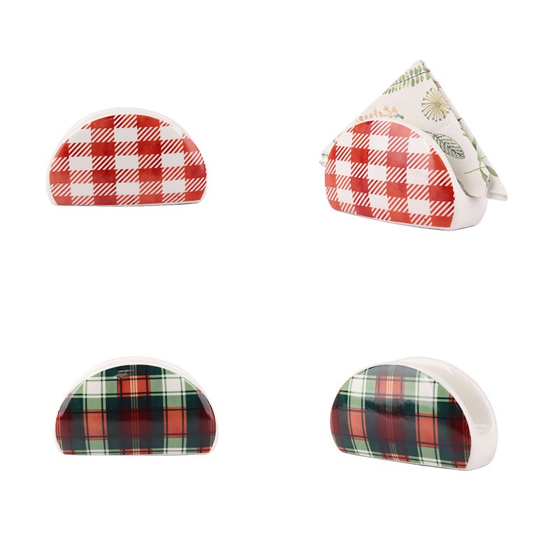 4-Piece Christmas Plaid Half-Moon Ceramic Dishes - Festive Snack & Decor Plates Set