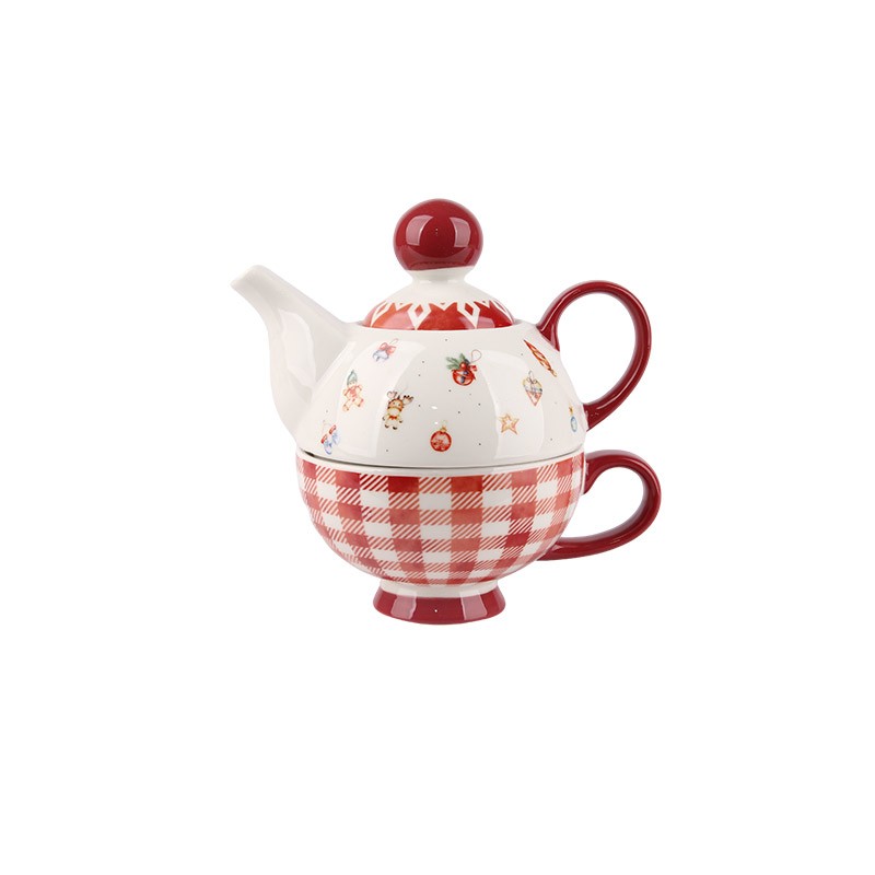 2-in-1 Christmas Plaid Teapot & Mug Set - Festive 230ml/380ml Drinkware with Gift Box