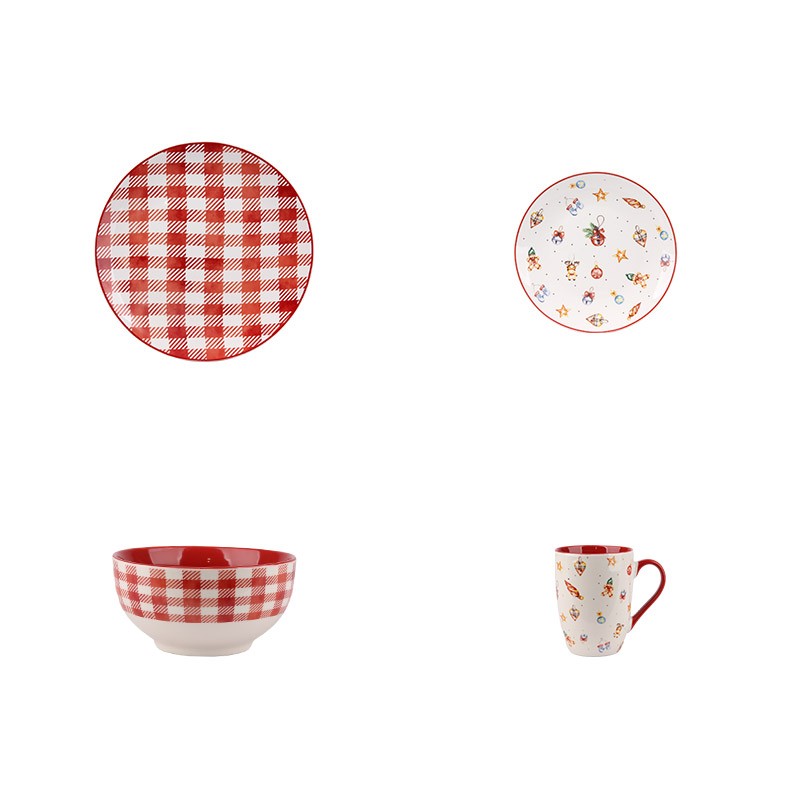 Red Gingham & Ornament Christmas Dinnerware Set - 4-Piece Plate, Bowl, Mug Festive Tableware